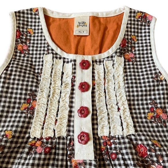 Wildflowers brown gingham print sleeveless dress with delicate warm floral print - Picture 2 of 8